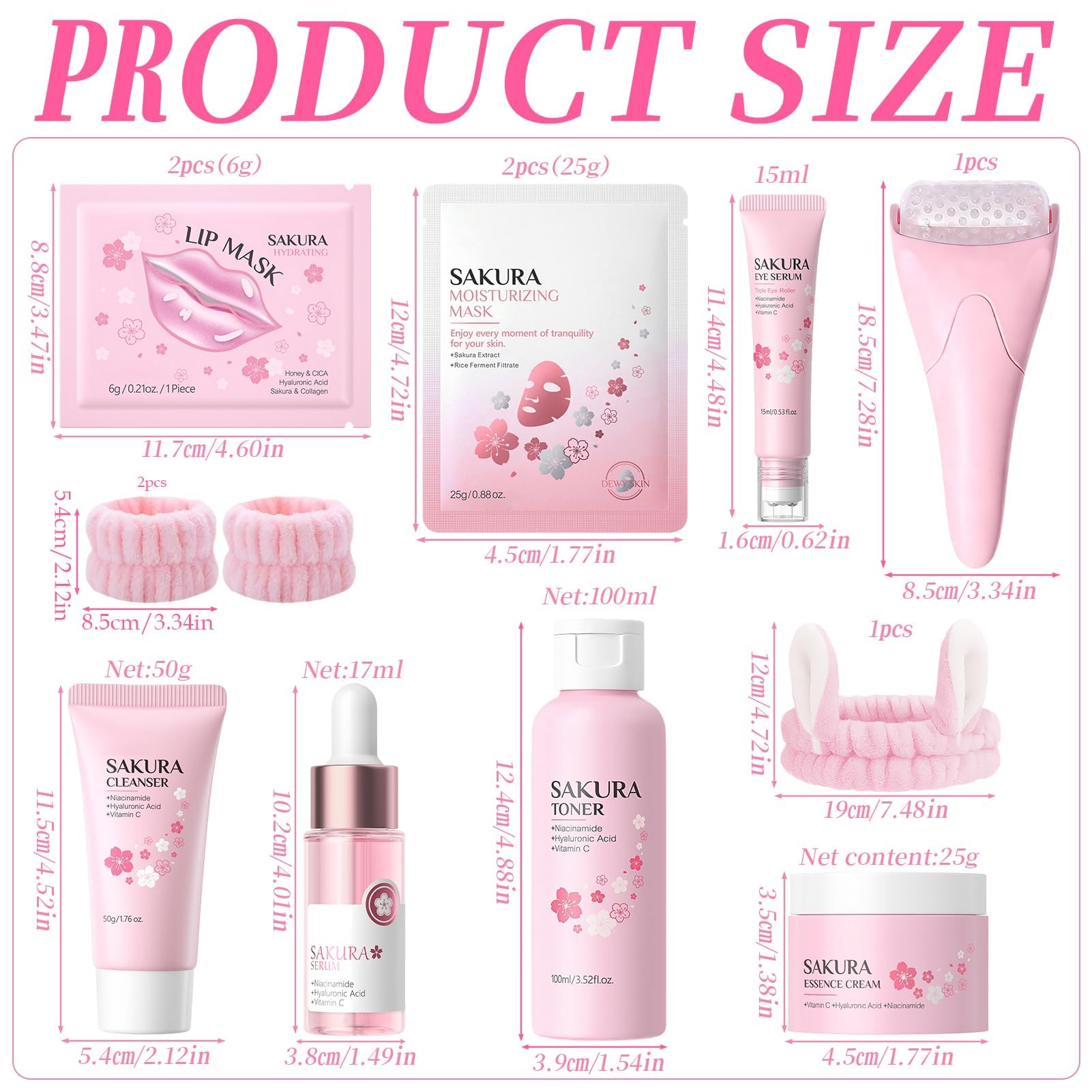 Kit per la Cura della Pelle Sakura 12 Pezzi,include Detergente, Tonico, Crema Viso, Maschera, Siero e Crema per Gli Occhi,Accessori,Set Skincare Viso Completo per Ragazze e Donne