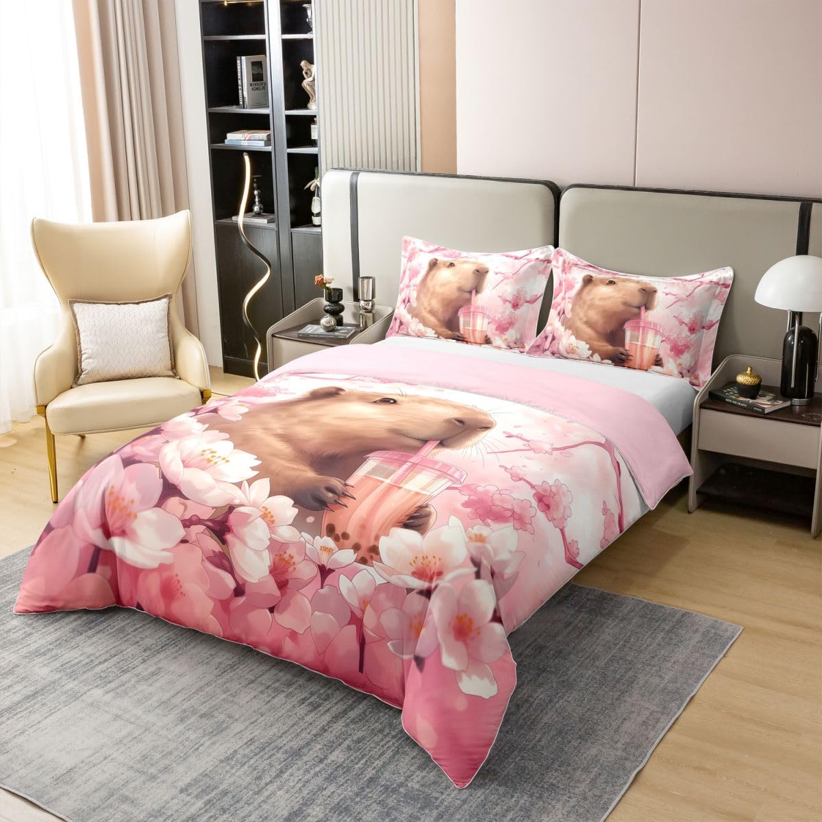 Homewish Japanische Stil Capybara Baumwoll Bettwäsche Romantisch Kirschblüten Dame Mädchen Deckenbezug 135x200 Capybara Trinkt Bubble Tea Bettbezug Entspanntes Kapibara Tierliebhaber Bettset 2 Teilig