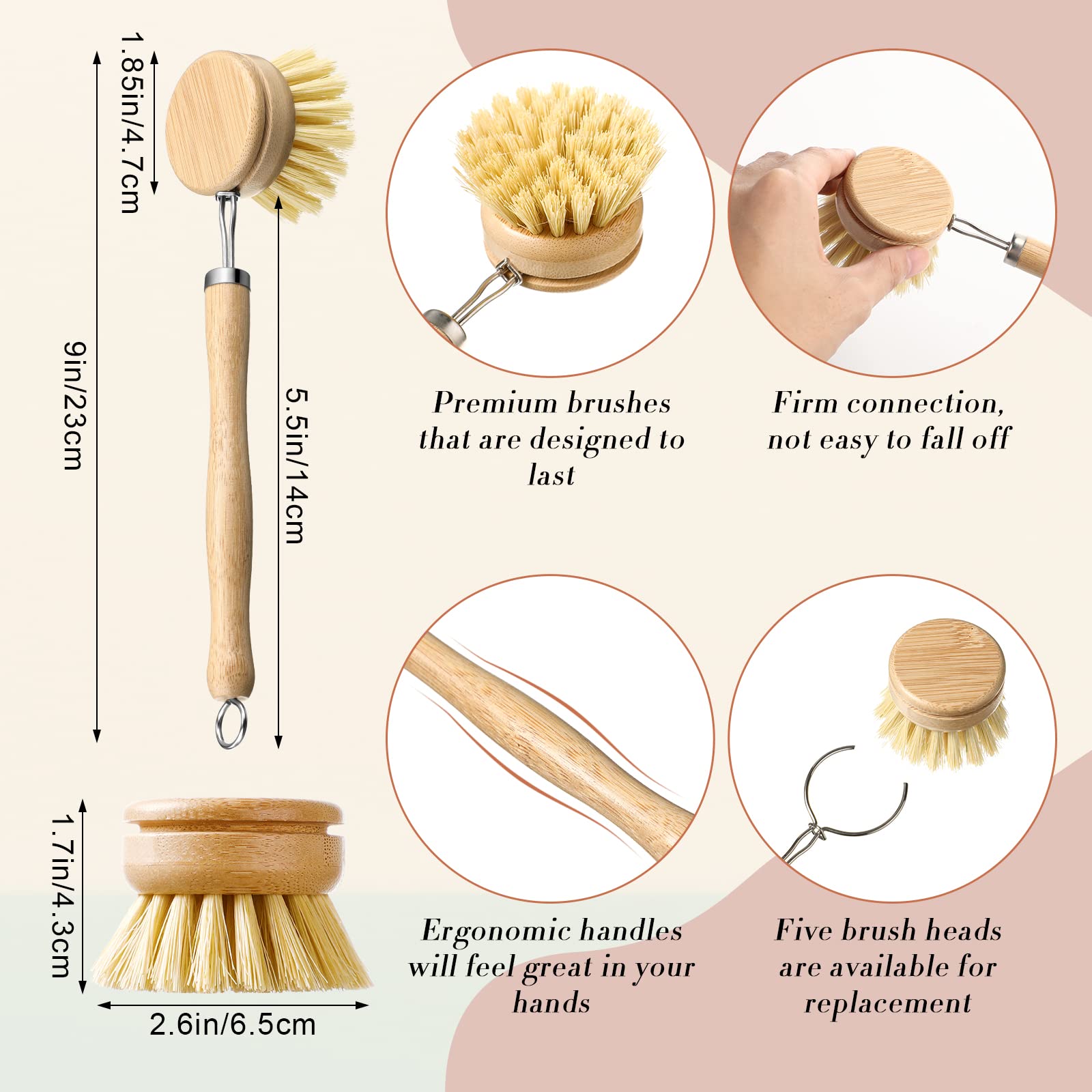 Lot de 10 brosses de nettoyage de cuisine en bambou avec têtes de rechange pour vaisselle, bouteilles à large goulot, tasses et bocaux