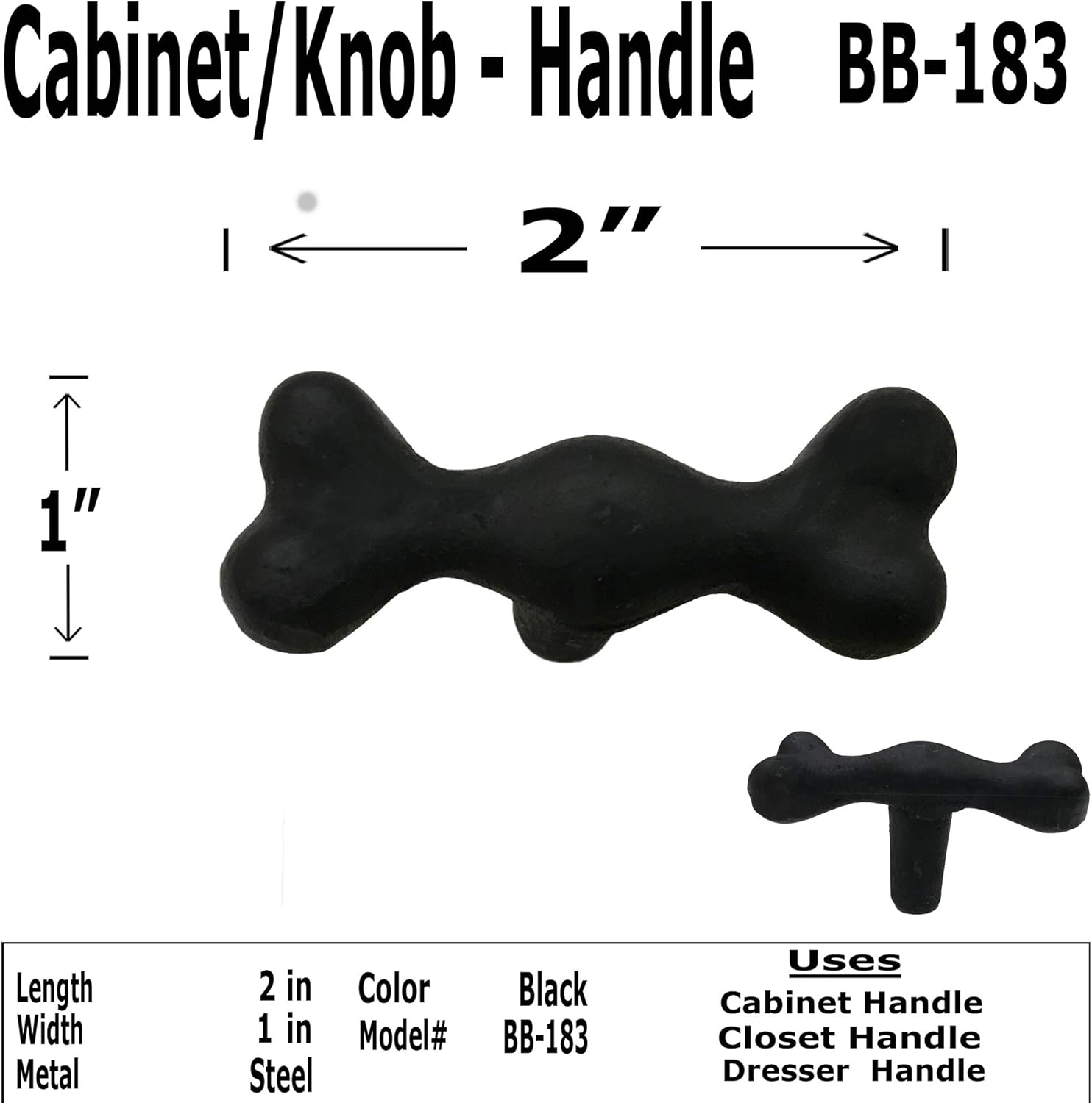 2"- Dog Bone - BB-183 - Cabinet Knob Handle - for Gate, Drawer, Cabinet - Black Finish for Interior & Exterior Designing - BB-183 (10)