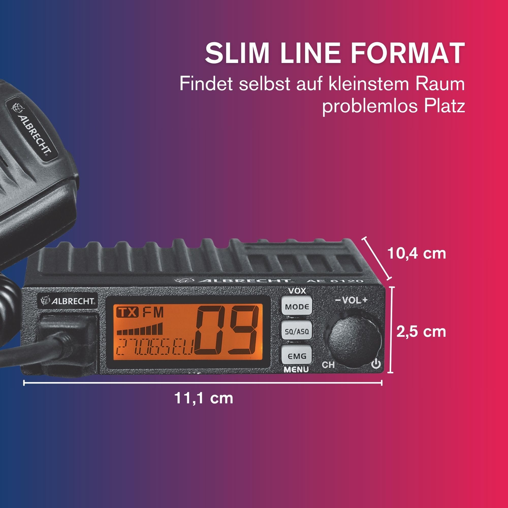 Albrecht AE 6120 VOX Mini CB-Funkgerät 12620, 4 Watt AM/FM mit integrierter VOX-Funktion zum freihändigen Sprechen, RJ45 Mikrofonbuchse, großes LCD-Display, inkl. Halterung, schwarz