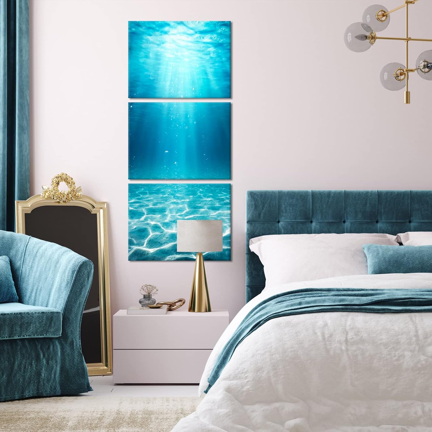 Fochorlo 3 Pieces Ocean Wall Art Underwater Picture Blue Wall Decor for Bathroom Bedroom Living Room Ready To Hang (Medium)