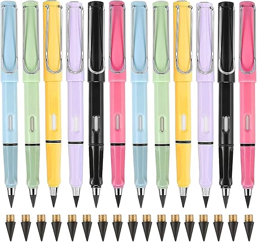 12 lápices eternos infinitos sin tinta irrompibles con 24 repuestos reemplazables, tecnología de escritura ilimitada, lápiz mágico para escuela,