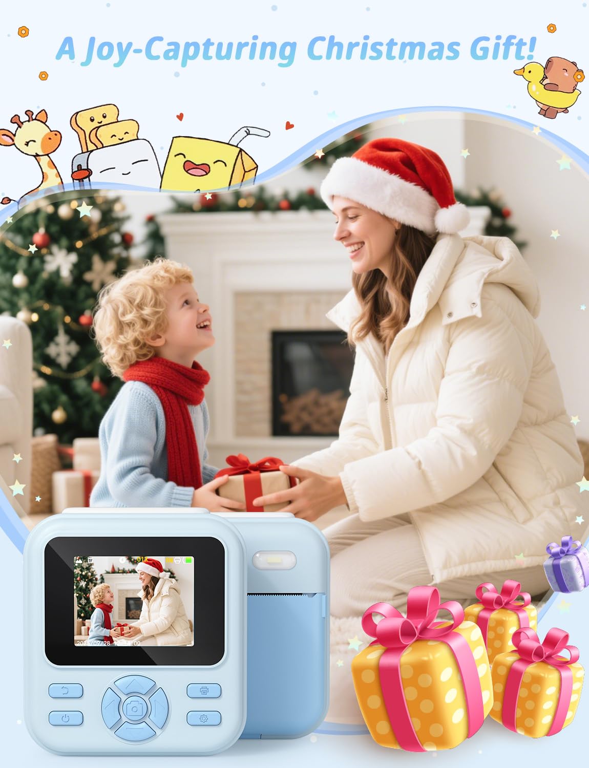 YOHOOLYO Aparat natychmiastowy dla dzieci, 2,4-calowy aparat natychmiastowy dla dzieci z kartą 32 GB i 3 rolkami papieru, cyfrowe zabawki wideo HD 1080P-niebieski