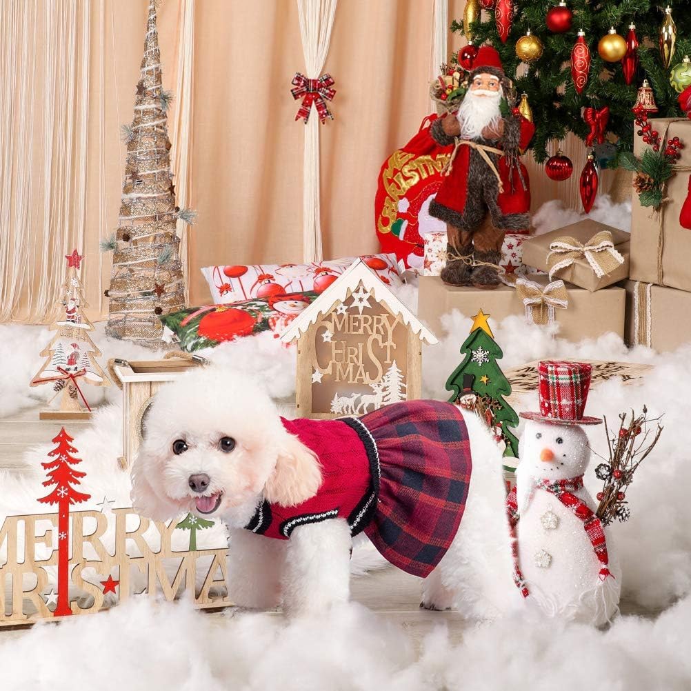 BINGPET Dog & Cat Sweater Dress Plaid, Christmas Turtleneck Clothes with Leash Hole V-Neck Knitwear Pet Sweater One-Piece Dress for Small & Medium Dogs & Cats
