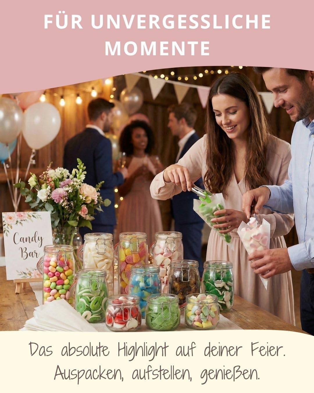 Der Zuckerbäcker Fertige Candy-Bar, Gläser gefüllt mit Süßigkeiten - Candybar Zubehör Set inklusive, Candy Bar Süssigkeiten für Hochzeit, Geburtstag