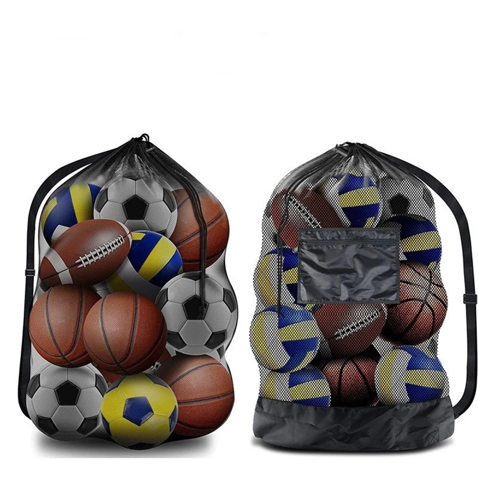 Borsa sportiva nera con coulisse, 2 pezzi, grande borsa a rete for palline, for riporre calcio, basket, pallavolo e allenamento, tracolle per Palla