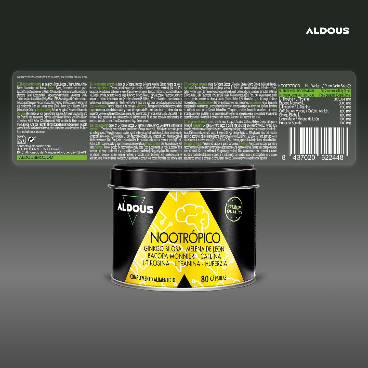 Nootropico - 80 Capsule - Con L-Tirosina, Bacopa Monnieri e Ginkgo Biloba Lions Mane, Caffeina, Tirosina, Teanina, Huperzia- Concentrazione, Memoria, Energia - per Cervello - Migliora Focus - ALDOUS