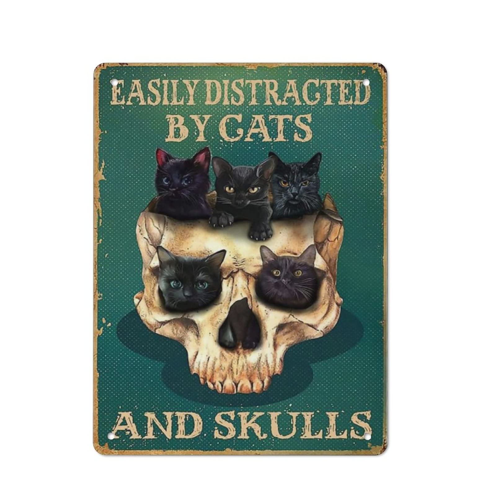 AOOEDM Easily Distracted By Cats And Skulls Metal Tin Sign for Home Bar Pub Kitchen Wall Art Deocr Man Cave Vintage Metal Sign Poster Plaque Signs Quotes Sign