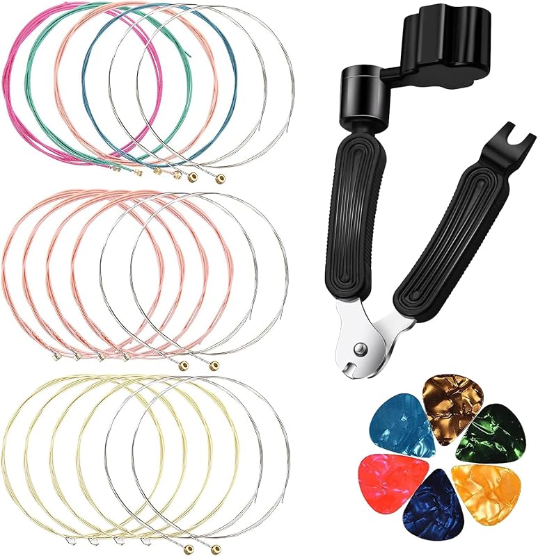 Guitar Accessories include 3 Sets guitar strings acoustic 6 string set (Gold,Brass,Multicolor),with Guitar String Winder Guitar Kit,6 Pieces Celluloid Guitar Picks