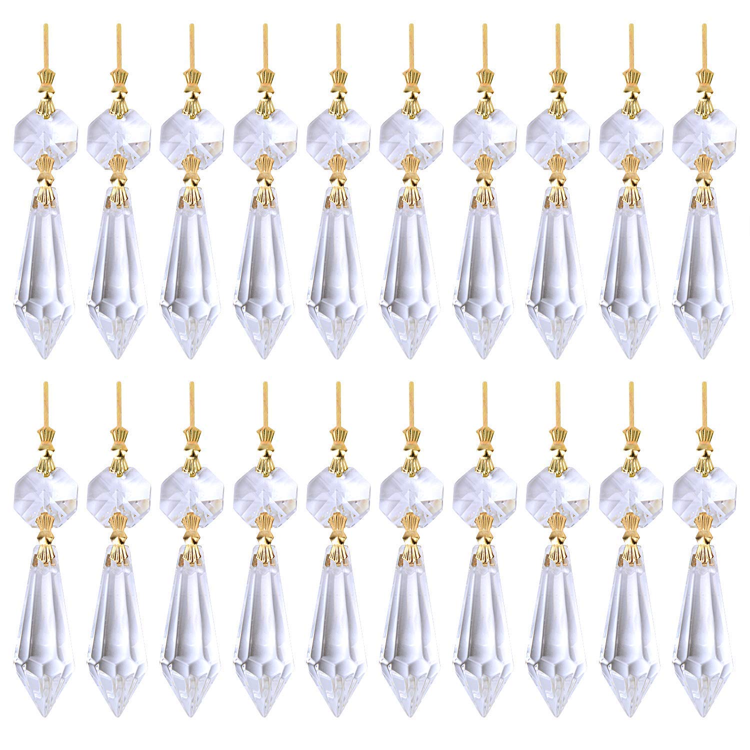 BronaGrand 20pcs 38mm Replacement Clear Chandelier Icicle Crystal Prisms Octogan Crystal Bead for Lamp Decoration (Gold Bow Tie Connectors)