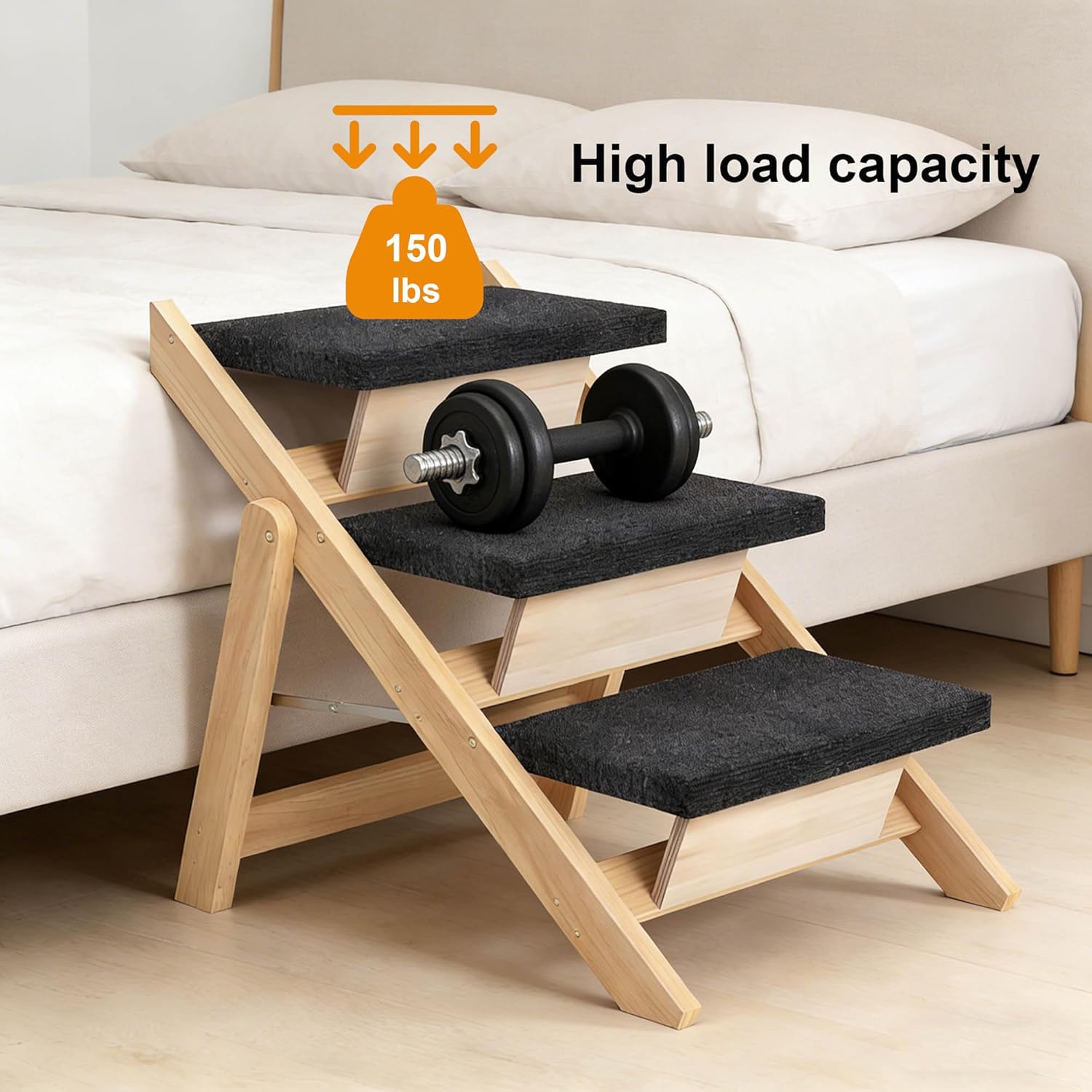 3-Step Wooden Pet Stairs/Ramp for Medium Dogs & Cats – 2-in-1 Foldable Design, Non-Slip Pads, 150 lbs Capacity, Safe Access to Beds, Sofas, Couches & Cars (Portable & Durable)