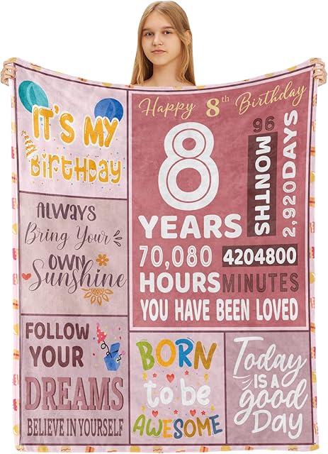 BTZO 8th Birthday Gifts for Girls,Happy 8th Birthday Blanket,8 Year Old Girls Boy Gift Ideas,8th Birthday Decorations Throw Blanket for Teen Daughter Granddaughter Sister Niece 50"x60"