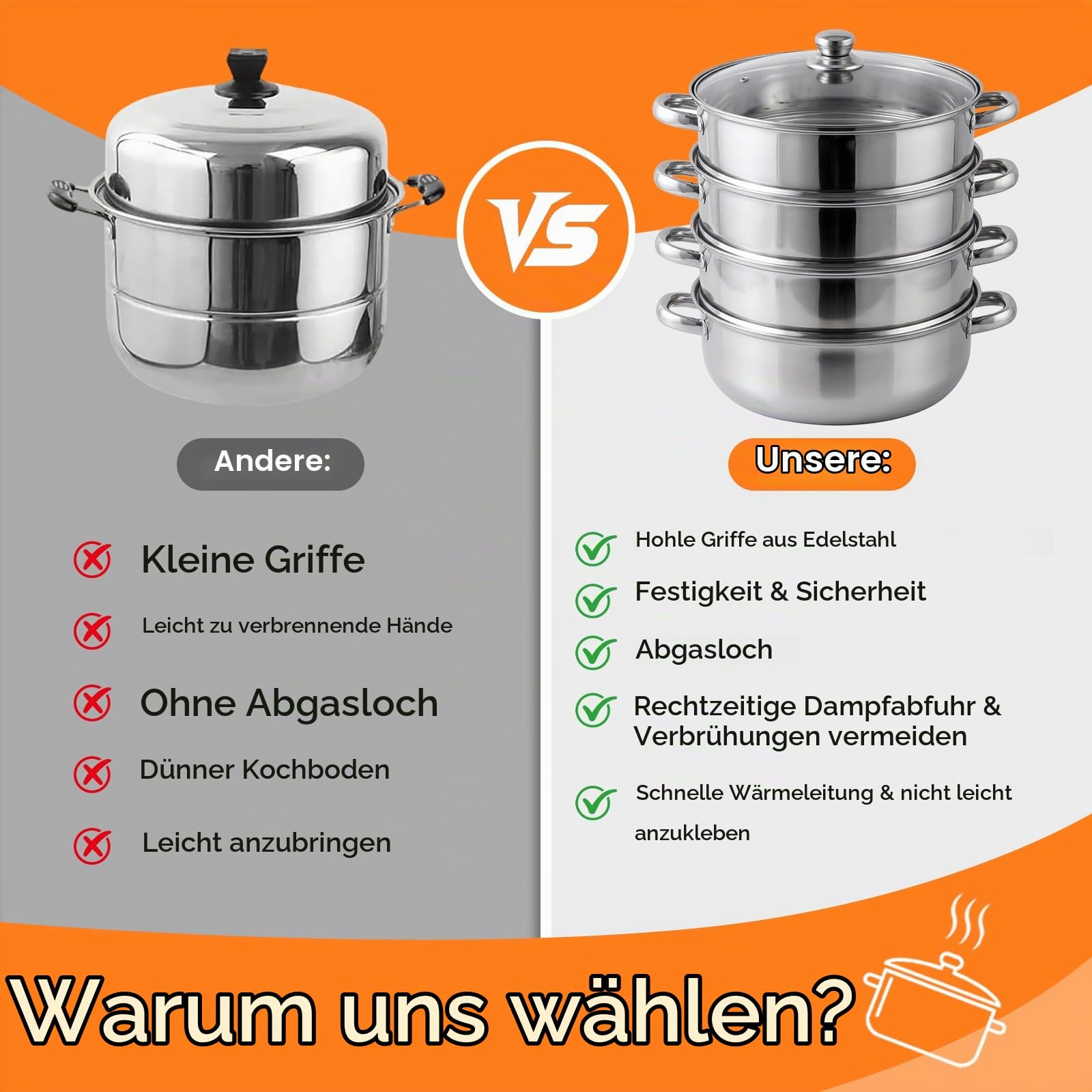 Dampfgarer 28 cm aus Edelstahl, 3- & 4-stöckiger Dampfgarer Topf mit Glasdeckel, Stapelbarer Dampfkochtopf für Gemüse, Fisch, Pasta & Suppen, für Induktion & Gas (4-Etagen)