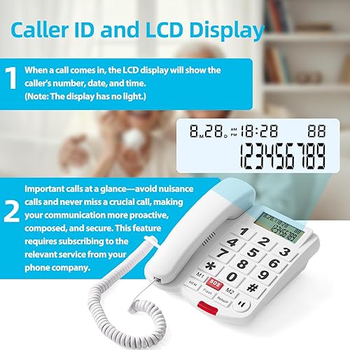 Miniatura 4 de Teléfono con cable con identificación de llamadas, teléfono de botón grande para personas mayores con discapacidad visual, teléfonos fijos