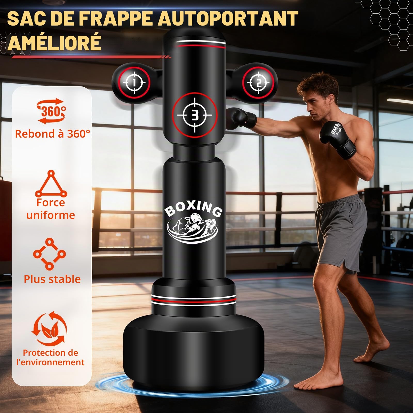 NZQXJXZ Sac de Frappe Adulte 180cm, Sac de Boxe Autoportant avec Gants de Boxe, Pompe, Corde à Sauter et Balle de Réflexe, Sac de Frappe Gonflable pour Hommes pour Entraînement Muay Thai MMA Fitness