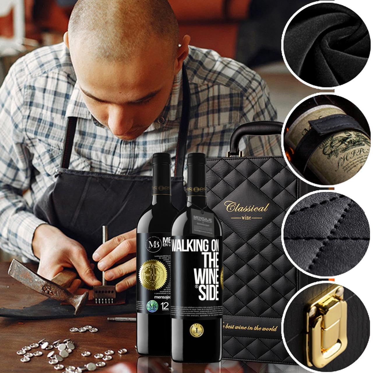 «Walking on the Wine Side» Mensaje en una Botella. Estuche-Maletín de LUJO 2x Vino Tinto Premium Reserva 12 Meses y Set de 4 Accesorios. Etiqueta Negra PERSONALIZABLE