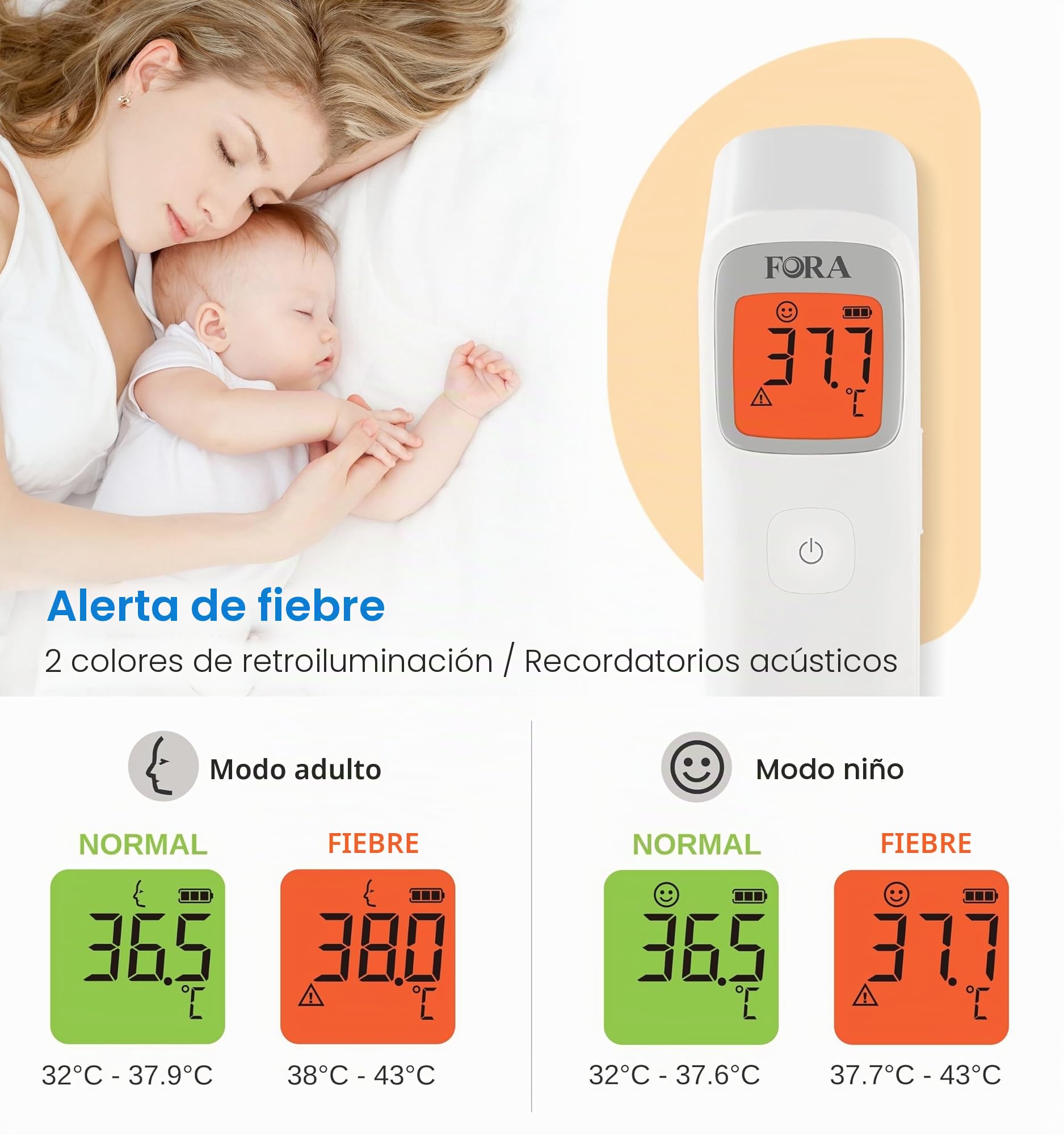 FORA IR42 Termómetro de frente - Termómetro infrarrojo para fiebre, sin contacto, medición inmediata y precisa para bebés, adultos y objetos, indicador LED y advertencia de fiebre