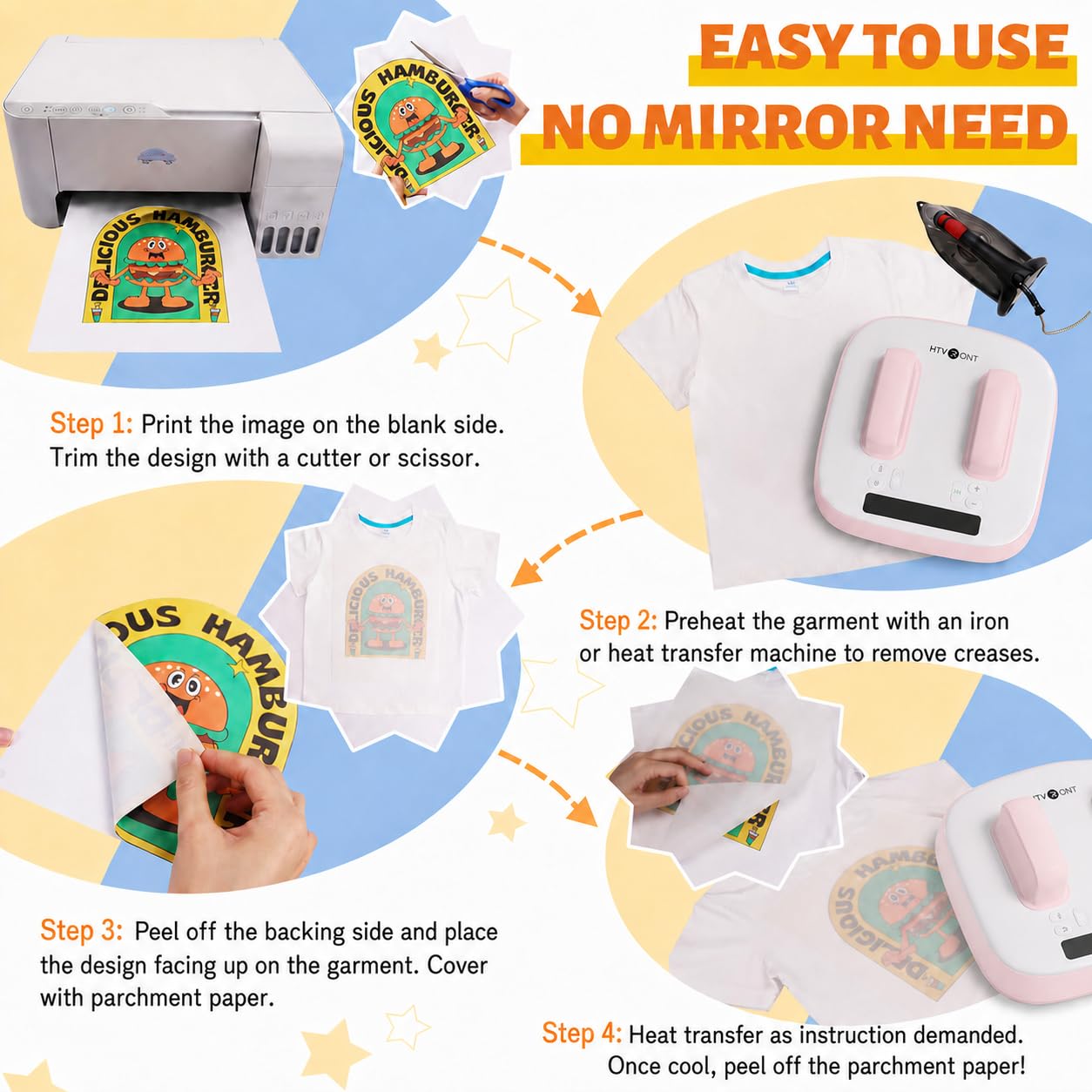 HTVRONT - Papel transfer térmico para camisetas, 50 hojas mixtas para tela clara y oscura de 21,6 × 27,9 cm, vinilo termoadhesivo para impresora de inyección de tinta, duradero y fácil de usar