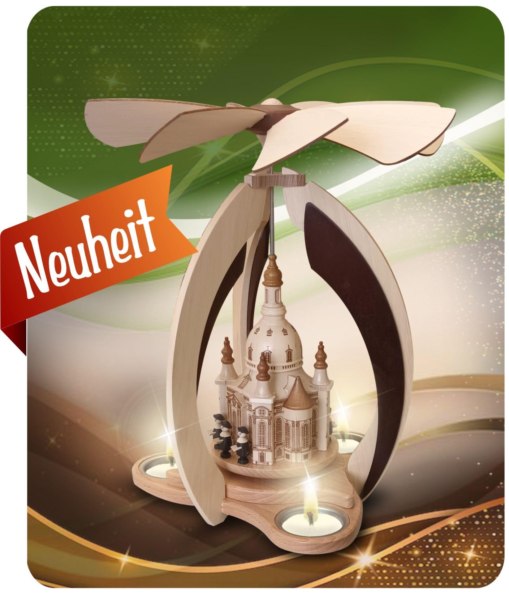 Rudolphs Schatzkiste Moderne Teelichtpyramide mit Dresdner Frauenkirche und Figuren BxHxT 24x28,5x24cm NEU Weihnachtspyramide Dresden Kuppelkirche Teelichtdreher Kirchenpyramide Archi