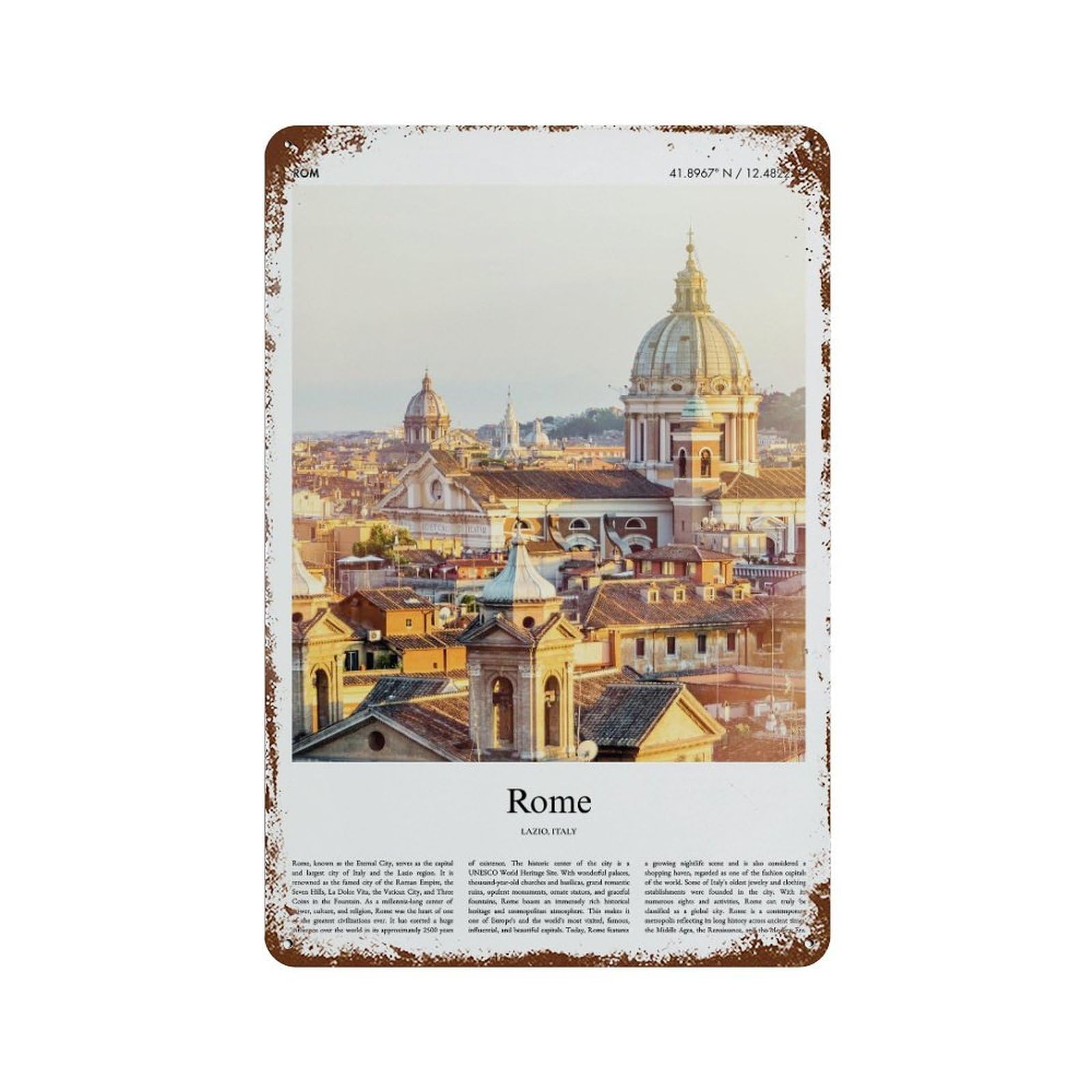 xiaoxiaoshen Rome Lazio, Italy City Scenery Wall Decor Art Metal Tin Poster Modern Home Decor Art Home Bar Shop Decorations Vintage Sign 30x20cm