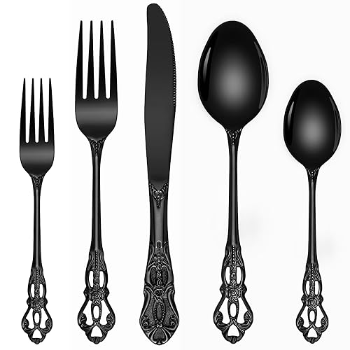 Black Silverware Set, Ollex 40-piece Retro Royal Black Silverware Set for 8 with Stainless Fork Spoons Knives Vintage Flatware Set for Kitchen Party Utensils Set, Dishwasher Safe - Black - 40
