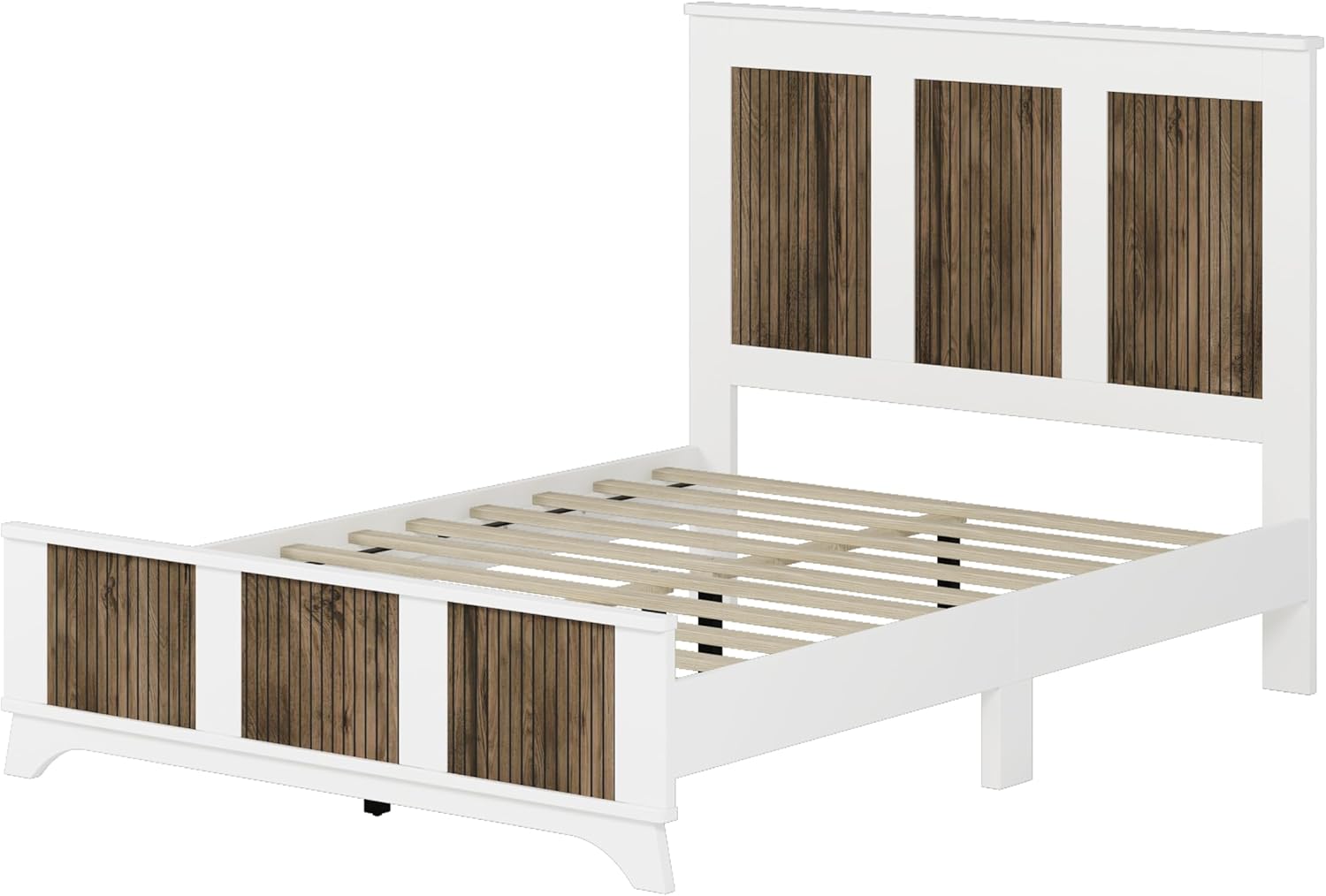 Farmhouse Wooden Platform Bed with Particle Board Construction, Wooden Strip Decoration, Plywood Slats Support, Modern Bedroom Furniture, White, 55.9W x 77.36D x 47.05H in