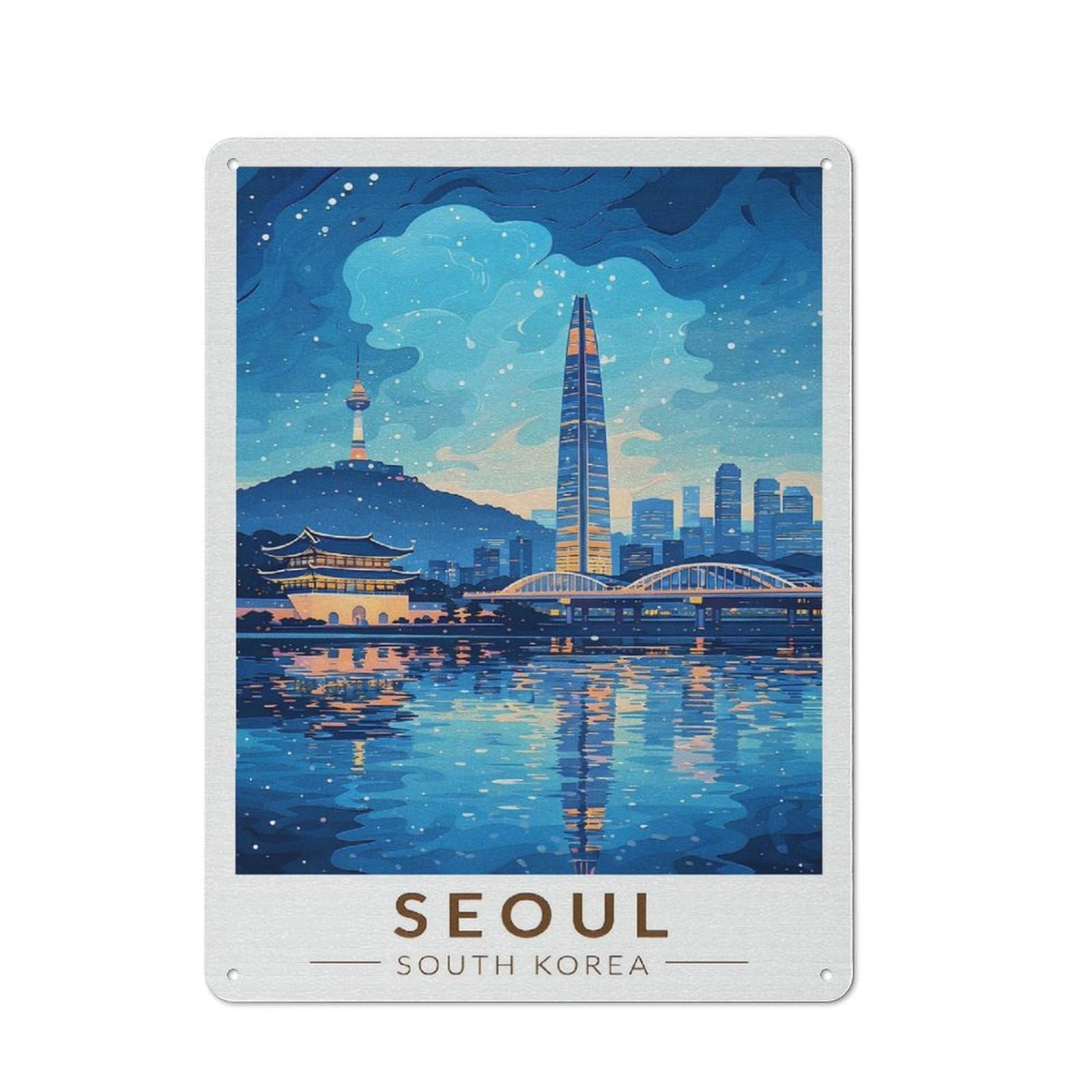 Junmoney Style-14 Retro Metal Plaque 40X30cm Featuring Seoul Cityscape At Night(2) For Workshop Wall, For Metal Sign Collectors, For Garage And Workshop Walls