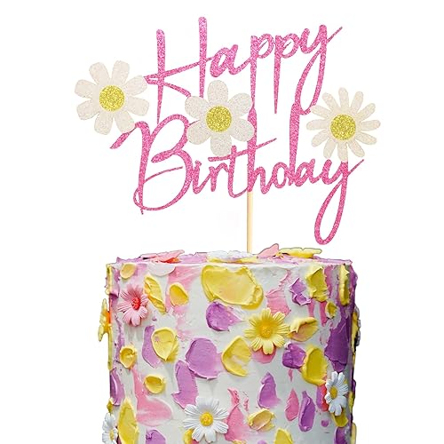 Miniatura 1 de Decoración de pastel de feliz cumpleaños, decoración de pastel de flores rosadas, suministros de fiesta de cumpleaños de crisantemo de verano,