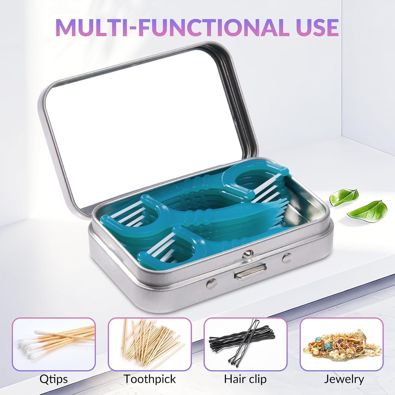 2Pack Travel Floss Picks Case, Refillable Portable Floss Pick Holder and Dispenser，Small tin Box with Mirror，Silver
