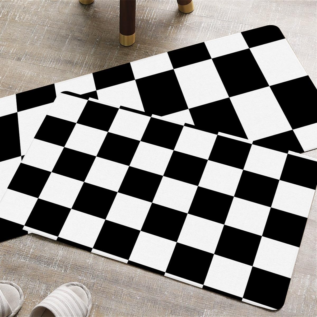 Checkered Kitchen Mat Set, Washable Non-Slip Linen Floor Mats(17.7''x29.5''+17.7''x47''), Black and White Pattern, Rubber Backing, Fade Resistant