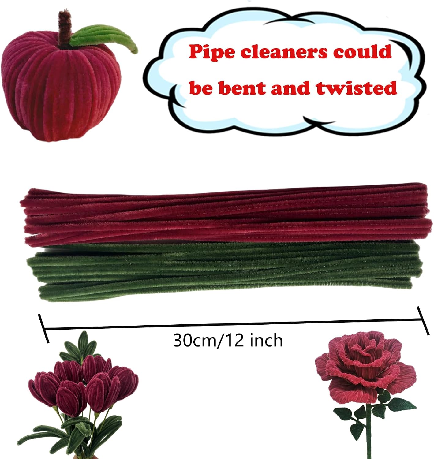 Swpohrat 200 Pieces Craft Pipe Cleaners Flower Kit,Chenille Stem Pipecleaner Set for Craft Tulip Rose Bouquet Making,DIY Projects and Holiday Decorations (Pine Green + Wine Red)