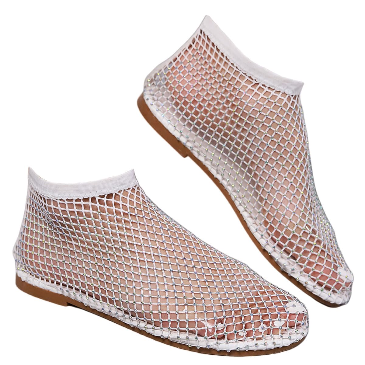 Yoeuxet Ultra Comfortable Mesh Flats for Women Fishnet Sandals Low Heel Slip on Rhinestone Shoes