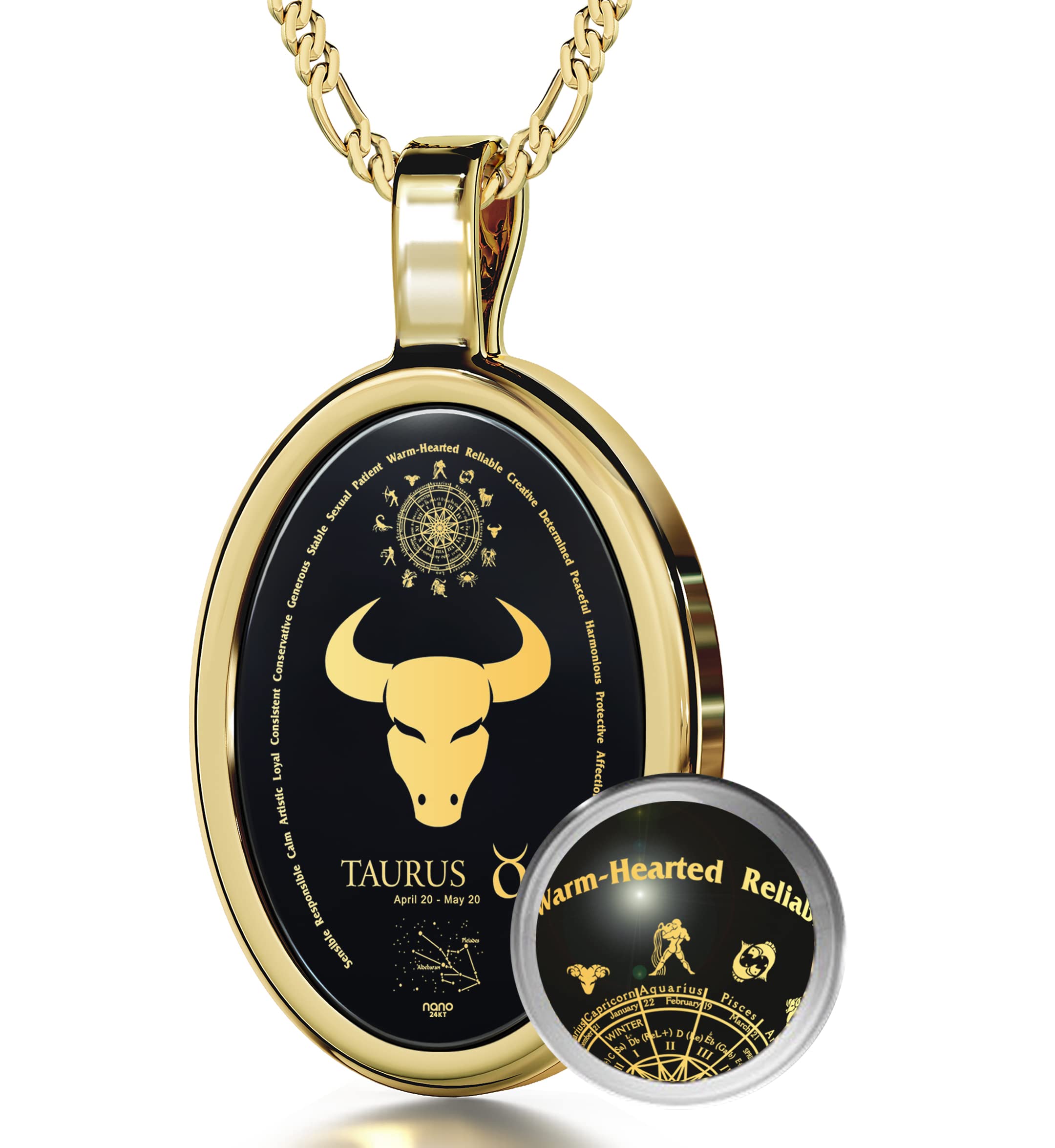 Taurus Necklace Zodiac Pendant for Birthdays 20th April to 20th May Star Sign and Personality Characteristics Pure Gold Inscribed in Miniature Details on Onyx, 18" Rolo Chain