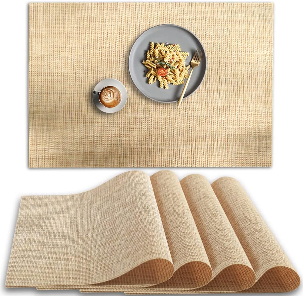 homEdge PVC Placemat, 4 PCS of Non-Slip Heat Resistant Place Mats, Washable Vinyl Placemats, Set of 4 –Beige