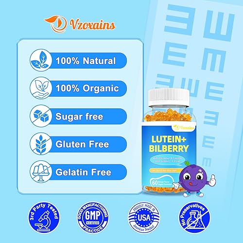 Miniatura 7 de Gomitas de luteína y zeaxantina de 20 mg con arándano, astaxantina, omega 3, vitamina C, E, suplemento de salud ocular sin azúcar para adultos y