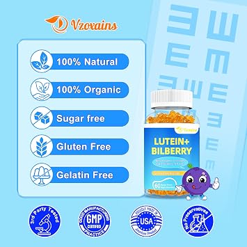 20mg Lutein & Zeaxanthin Gummies with Bilberry, Astaxanthin, Omega 3, Vitamin C, E - Sugar Free Eye Health Supplement for Adults & Kids - Dry Eye Relief, Vision Clarity, Macular Support