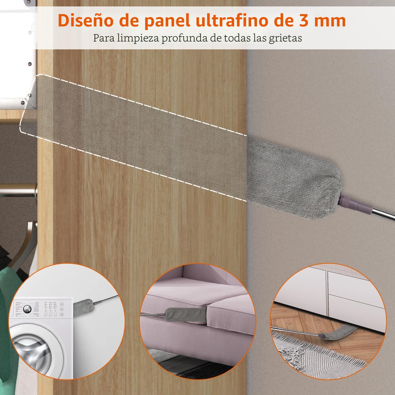Plumero Plano, Cepillo Limpieza de Polvo con Varilla Telescópica de Acero Inoxidable, Limpiador de Polvo Retráctil, Plumero Atrapapolvo Microfibra Lavable para Piso, Debajo de la Sofá y el Cama