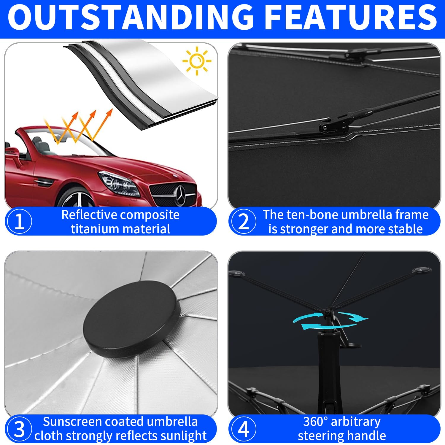 Parasol Para Coche Tipo Paraguas - Tamaño 140x80 Cm, 5 Capas Aislantes | Eje Giratorio 360°, Protección UV Y Térmica