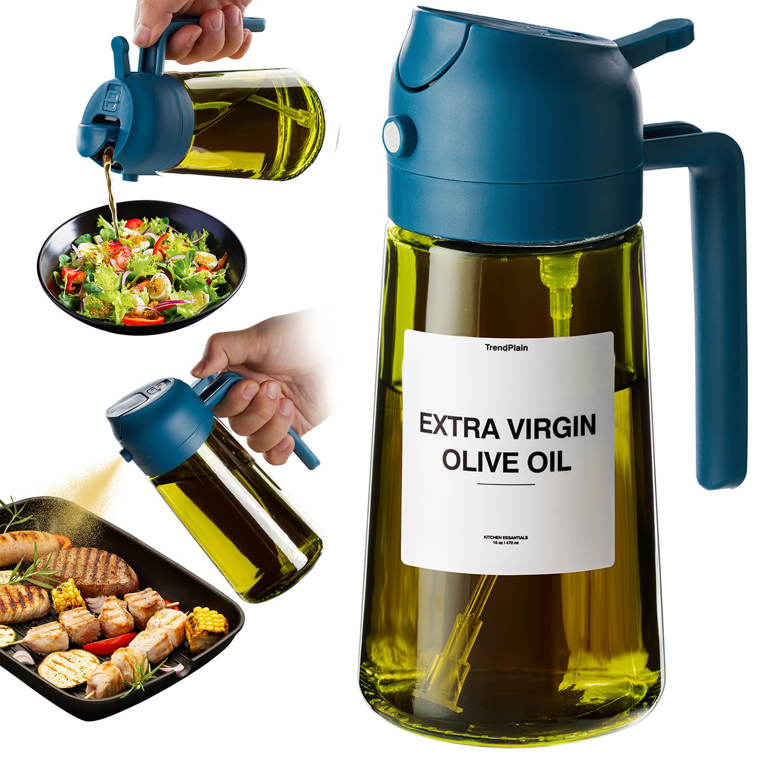 TrendPlain - Original 16oz/470ml Olive Oil Dispenser Bottle for Kitchen Gadgets and Air Fryer Accessories - Olive Oil Sprayer for Cooking w/Stickers - Navy
