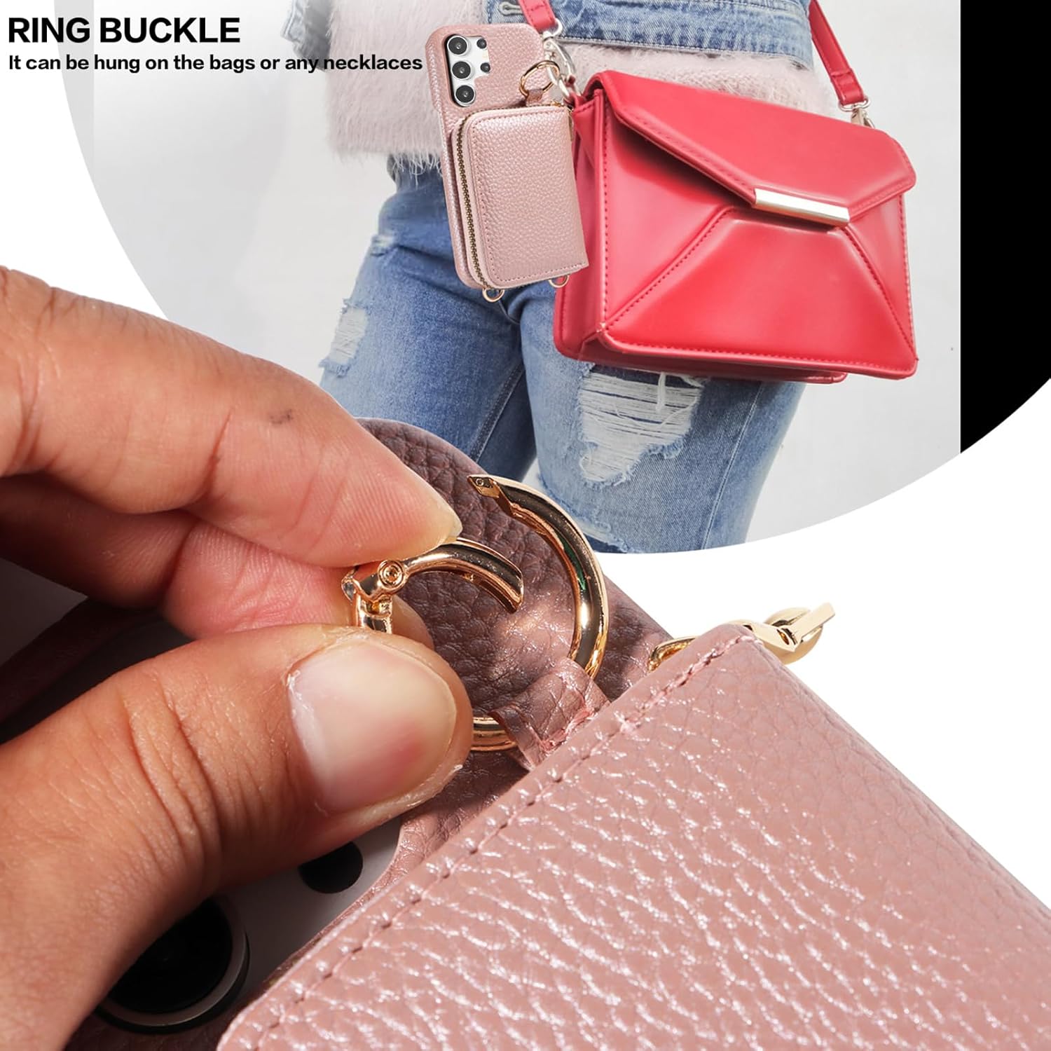 Wallet Case for Samsung Galaxy S25 Ultra 5G Shoulder Strap Ring Buckle, Luxury PU Leather Zipper Flip Organ Purse, Credit Card Holder Stand Phone Cover for S25Ultra 25S S 25 25Ultra Rose Gold - Image 4