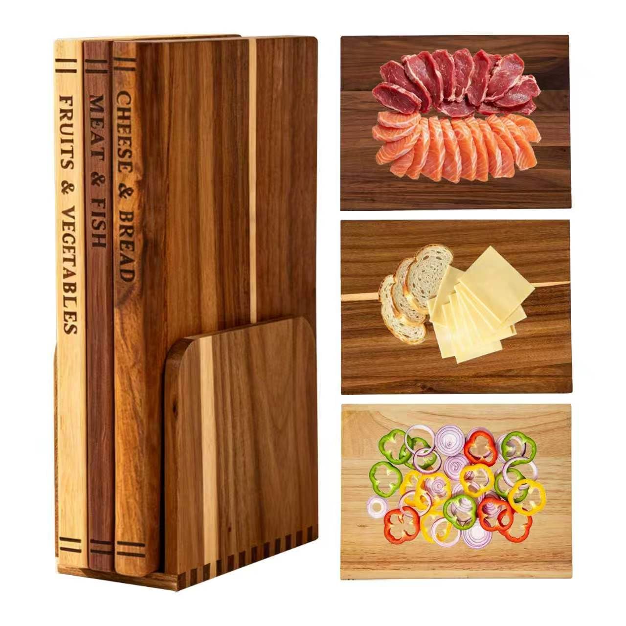 Book Cutting Board Set of 3 with Stand - The Cutting Board Library, Walnut Acacia Rubberwood Charcuterie Boards, Decorative Kitchen Gift Set