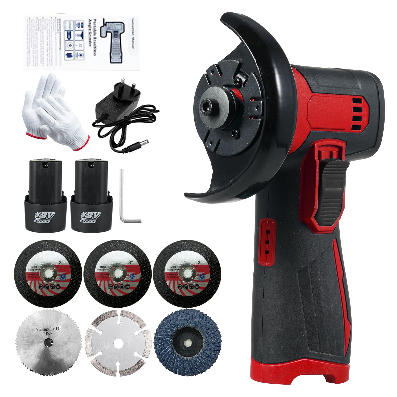 VISLONE 12V Cordless Brush Angle Grinder Kit, Grinding Disc 3 Inch/76mm, Lightweight Angle Grinder Tool 2PCS 1300mAh Lithium-Ion Battery Charger 6PCS