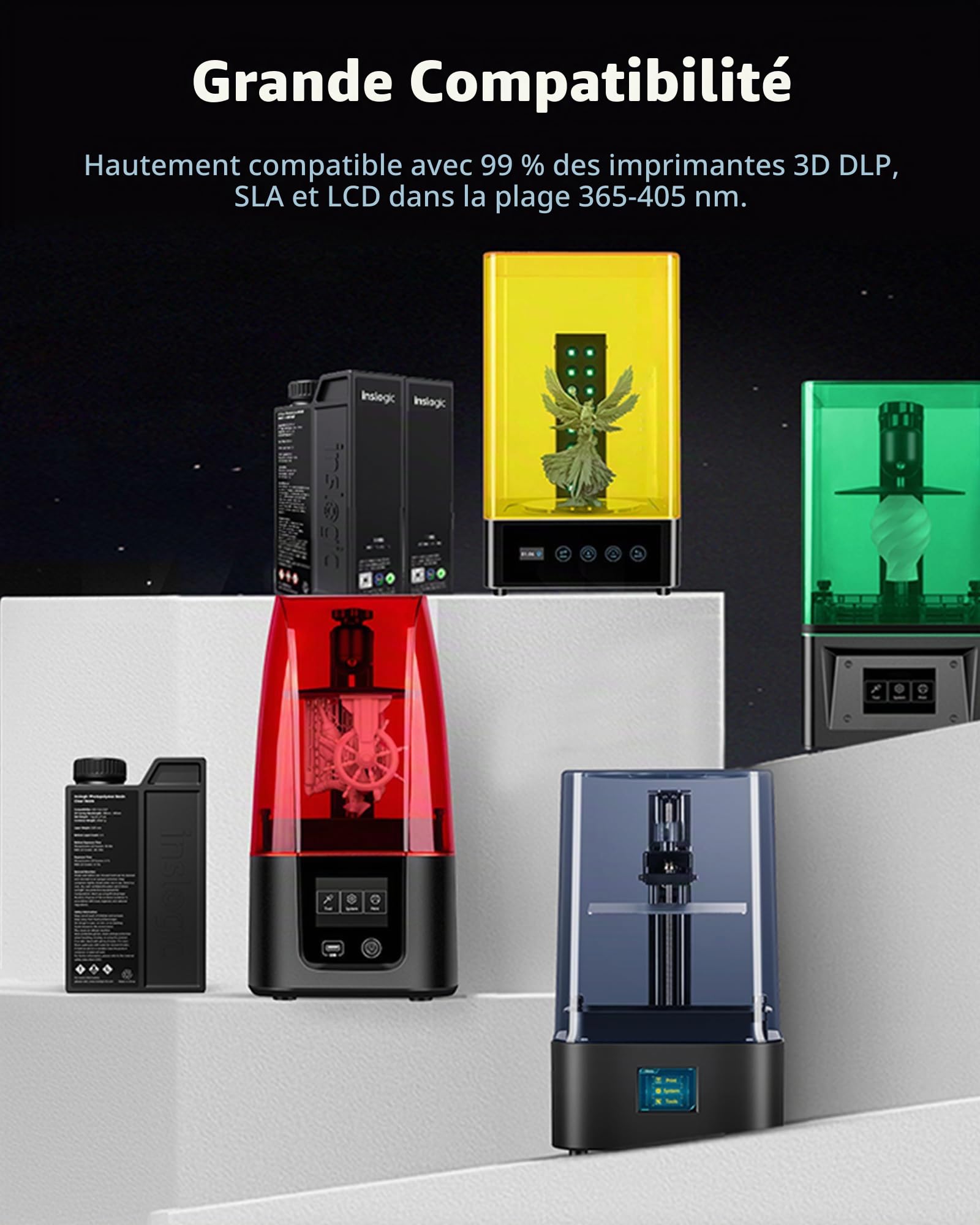 Inslogic Résine 3D flexible 70A Résine souple & non cassante pour objets flexibles, durcissement UV rapide 405 nm, 1kg Noir