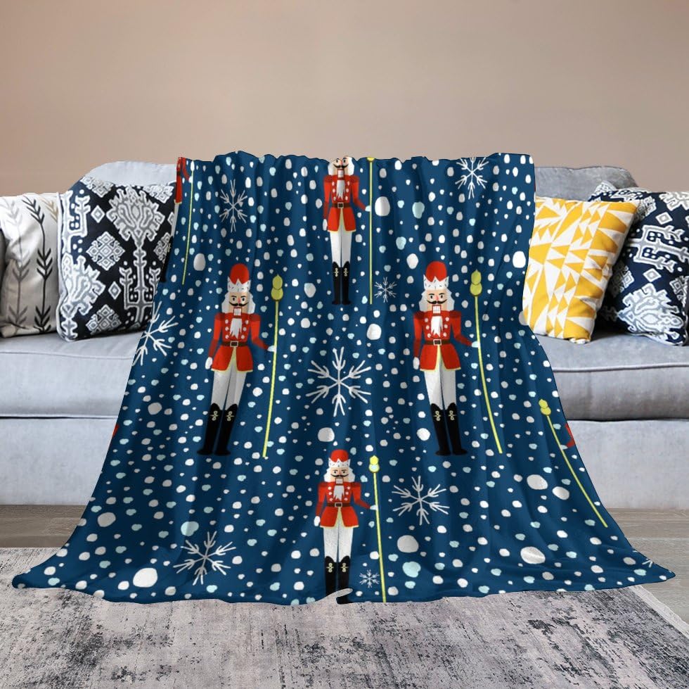 Christmas Nutcrackers Blue Flannel Throw Blanket Snowflakes Funny Blanket Throw Blankets Soft Lightweight Fuzzy Plush Decor Blankets and Throws for Couch Sofa Bed 50"x60"