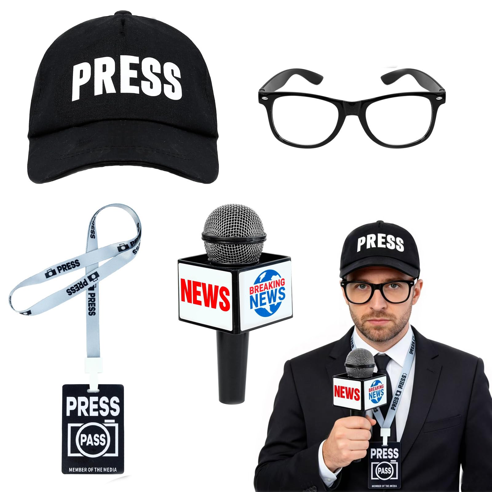LAXSHZ Journalist News Reporter Costume Accessories Set, Fake News Microphone Prop Press Hat Press Pass and Glasses for Halloween Dress Up Career Day Party (4PCS Set)