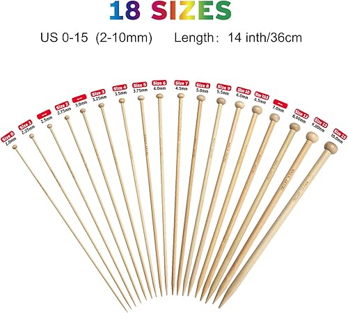 Miniatura 2 de Juego de agujas de tejer de bambú, 18 pares de agujas de tejer de madera de 14 pulgadas de largo para principiantes, tamaño de EE. UU. 0-15