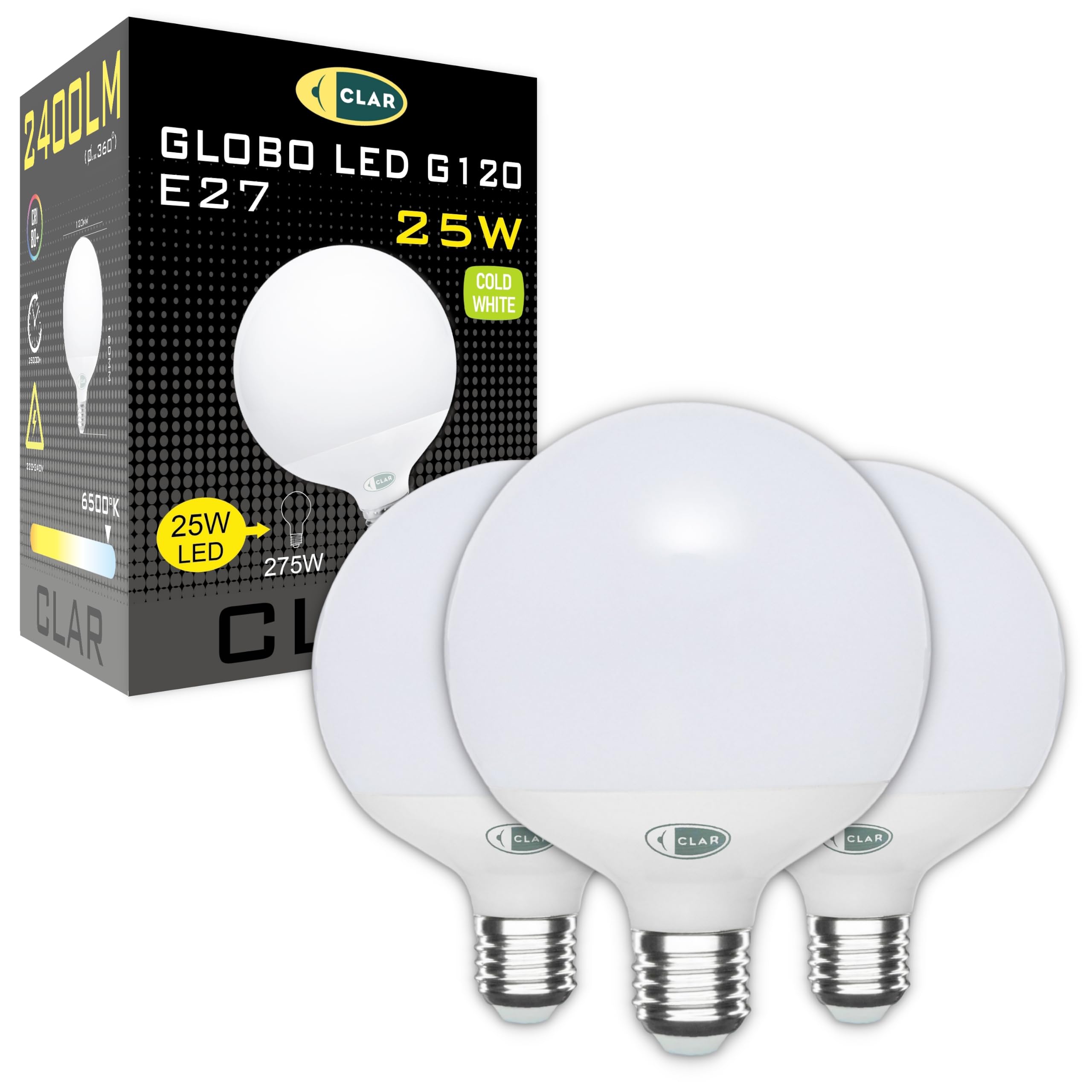 CLAR - Ampoule Globe E27 LED, Ampoule Decorative, Ampoules LED en forme de Globe G120, Not Dimmable, Blanc Froid 6000ºK 20W (Pack 1)