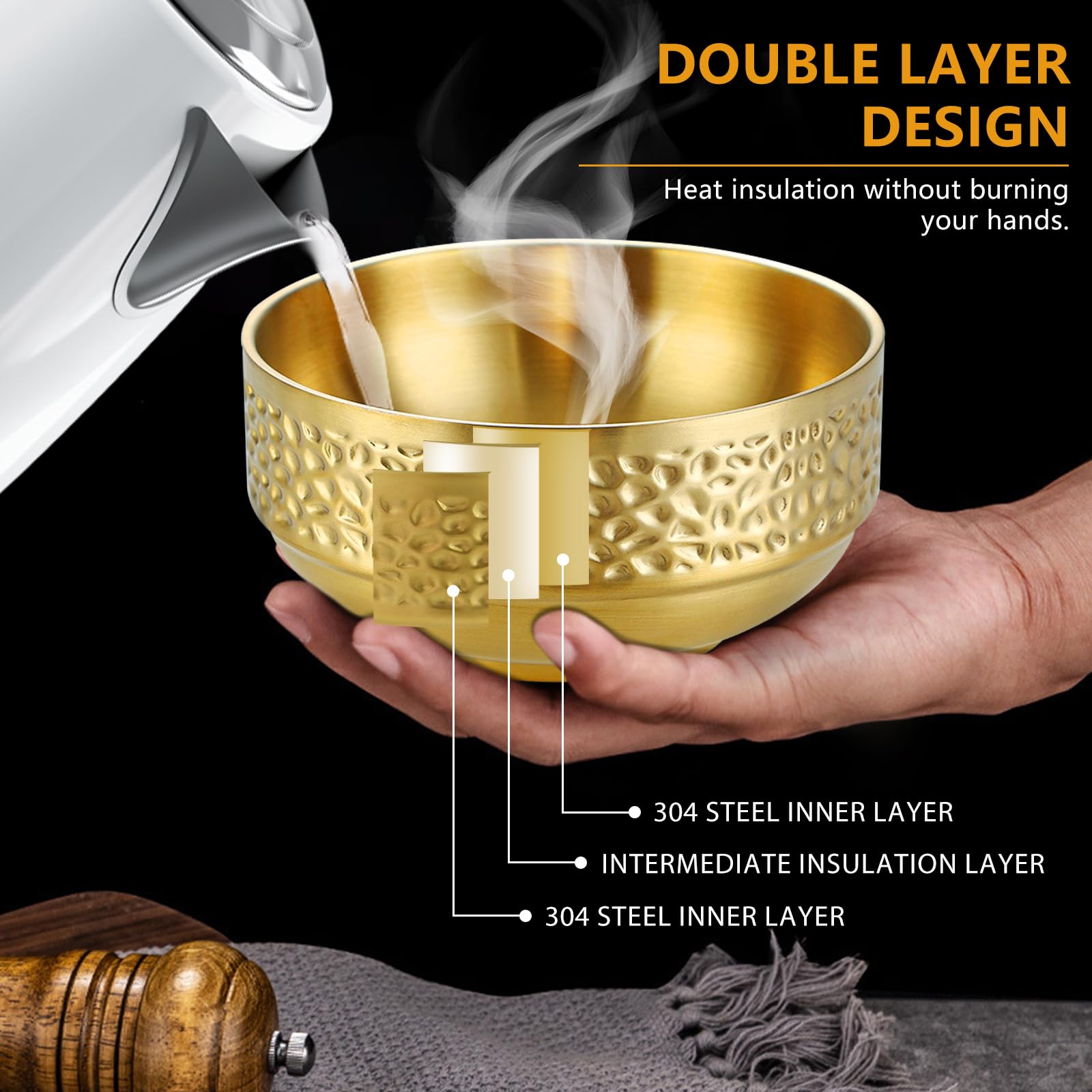 2PCS Large 304 Stainless Steel Salad Bowl, 5.9" 25 Oz Double-Walled Thicken Soup Bowls, Gold Cereal Serving Bowls, Metal Mixing Bowls for Serving Fruit Rice Dessert Yogurt Ice cream Kitchen — Amazon image 4