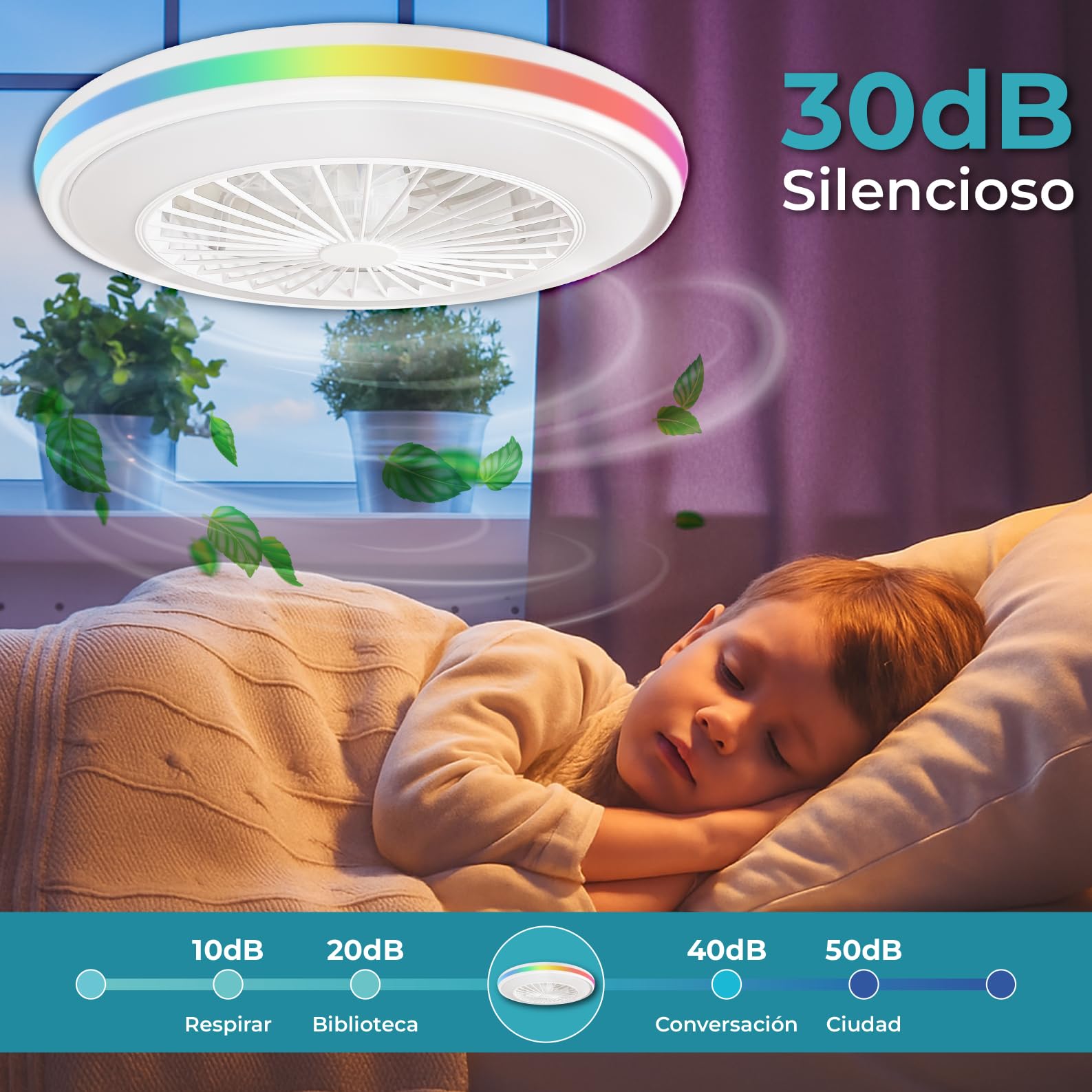 LED ATOMANT Ventilador Techo con Luz LED Ø50cm 63W CCT y RGB Regulable | 5000 Lumenes, Mando a distancia, Modo verano/invierno, 6 velocidades
